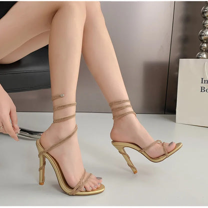 Luxury Crystal Snake Coiled Women Sandals Sexy Narrow band Thin High heels Wedding Party Female Gladiator Sandals Summer Shoes