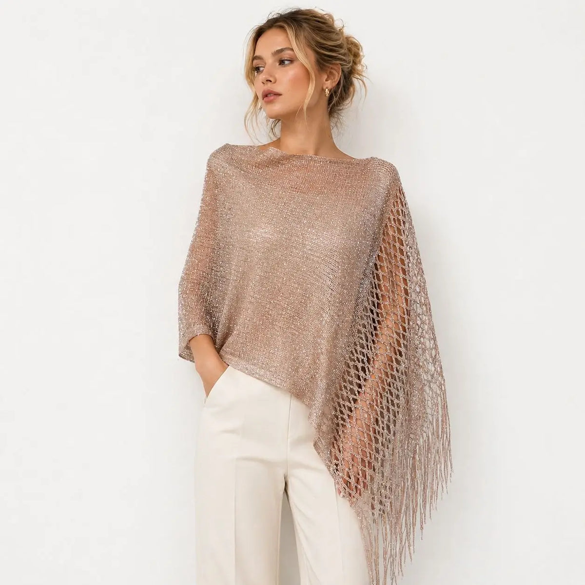 Spring/Summer Cross-Border Gold Silver Thread Mesh Tassel Hollow Knit Shawl Scarf for Women-Outerwear for Evening Parties