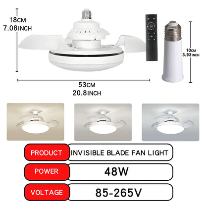 Three-Color Dimming LED E27 Ceiling Fan Lights with Remote Control Silent Dimmable Invisible Fan Light for Living Room Bedroom