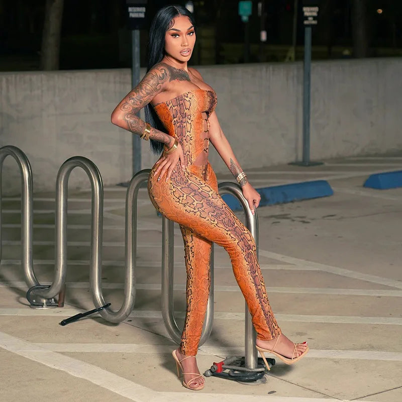 STYLISH LADY Snake Print Strapless Jumpsuits 2026 Women Hollow O Ring Sleeveless Bodycon Sexy Club Party Street Long Jumpsuit