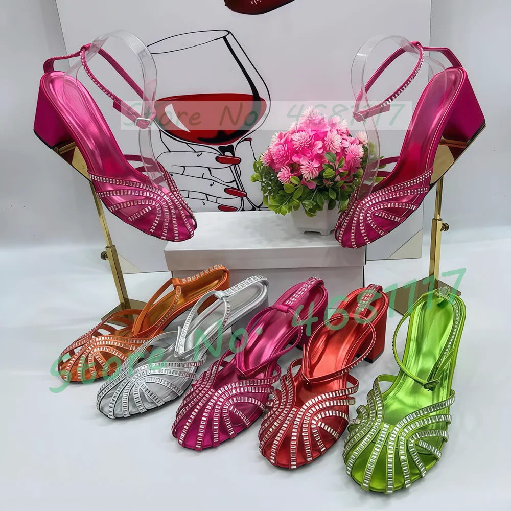 Crystal Caged Mid Block Heel Satin Sandals Women Metallic Leather Luxury Feminine Shoes Ladies Summer Ankle Strap Evening Shoes