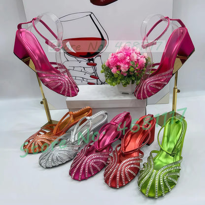 Crystal Caged Mid Block Heel Satin Sandals Women Metallic Leather Luxury Feminine Shoes Ladies Summer Ankle Strap Evening Shoes