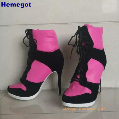 Sports Lace Up Women's Short Boots 2024 Thick Sole Round Toe Mixed Color Stilettos Autumn Winter New Street Style Casual Rock Bo