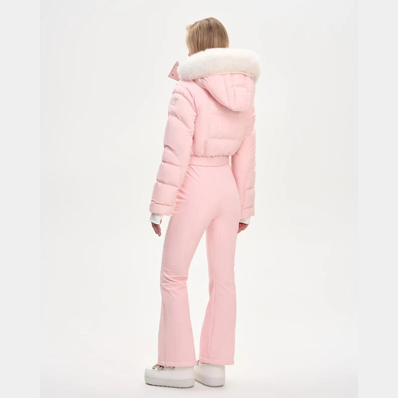 Thicken One-piece Ski Suit Women Faux Fur Hooded Tassels Coat High Waist Belt Jumpsuit 2025 Winter Windproof Waterproof Skiwears
