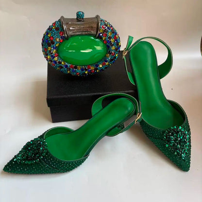 Insightlink Green Crystal High Heel with Bag Set for Bridal Wedding Party Designer Pointed Toe and Clutch Luxury Sandal Handbag