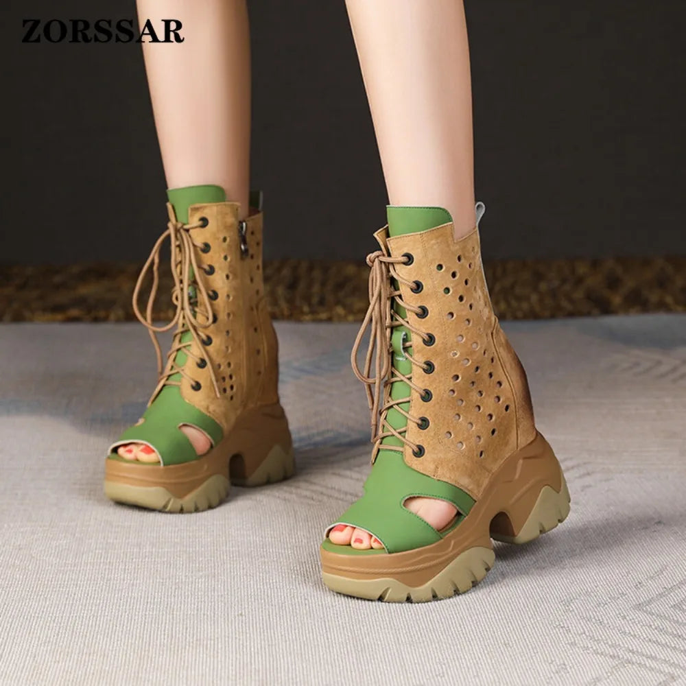 Women's Peep Toe Wedge Boots Summer Hollow Out Lace Up Side Zipper Platform Wedge Heel Breathable Fashion Retro Casual Shoes
