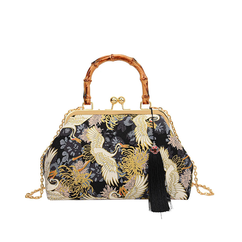 Designer Bamboo Handle Handbag Retro Embroidery Women Evening Bag High-end Nylon Crossbody Bag Luxury Lady Shoulder Bags Satchel
