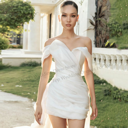 Off Shoulder Short Wedding Dresses 2026 Straight Elegant Ruched Bride Dress Civil Wedding Flowing Train Party Gowns Customized