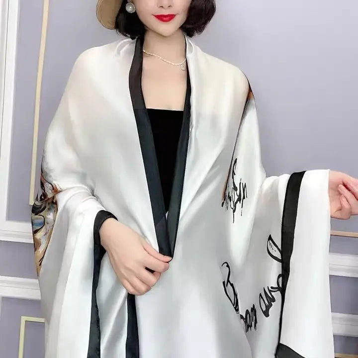Designer Almond Blossoms Printed Silk Scarf Women Luxury Sun Protection Shawl Ladies Summer Beach Pareo Sarong Travel Wrap 180cm