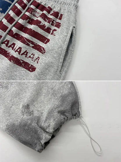 ReddaChic American Flag Baggy Sweatpants Gray Drawstring Hiphop Casual Wide Leg Parachute Joggers Kpop Jazz Dance Women Trousers