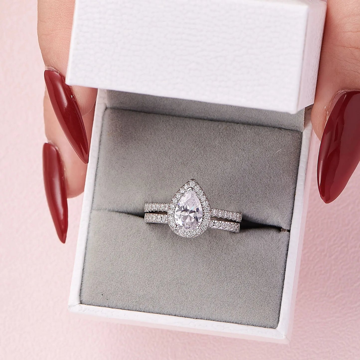 Newshe 2 Pieces Certified Full Moissanite Pear Wedding Ring Sets for Women Solid 925 Sterling Silver Bridal Luxury Jewelry