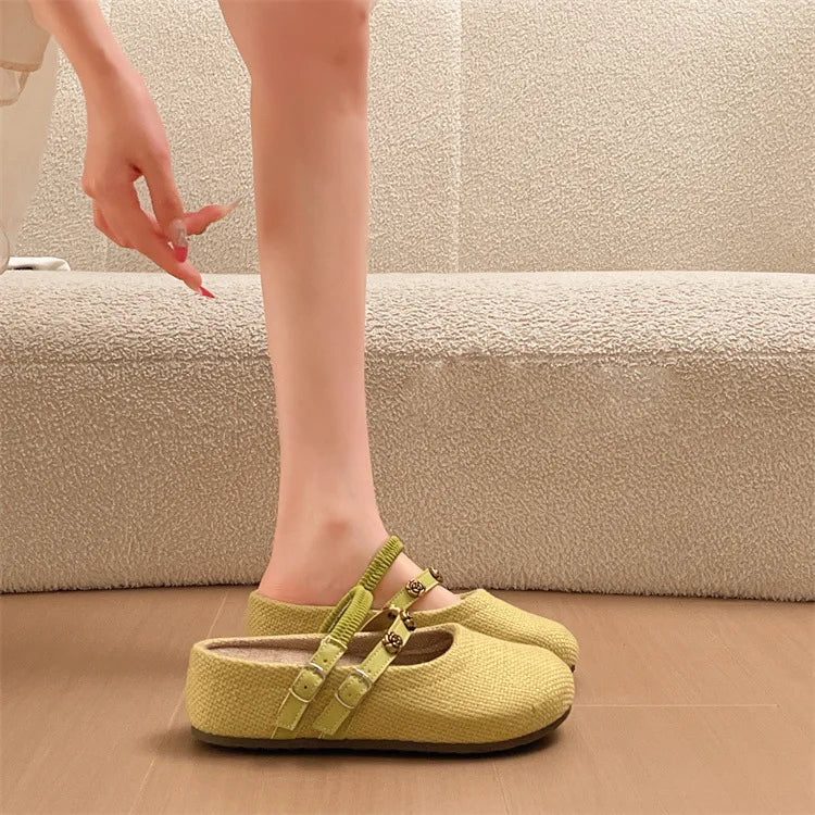 Women's Woven Mary Jane Mules Flat Round Toe Slip-On Shoes with Buckle Straps and Rose Hardware Casual Balletcore Summer Sandals
