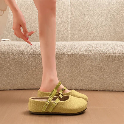 Women's Woven Mary Jane Mules Flat Round Toe Slip-On Shoes with Buckle Straps and Rose Hardware Casual Balletcore Summer Sandals