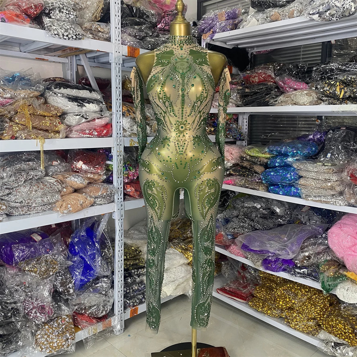 Sparkly Rhinestones Printed Mesh Bodycon Green Jumpsuits With Sleeves See Through Masquerade Costume Dress Night Club DJ Gogo