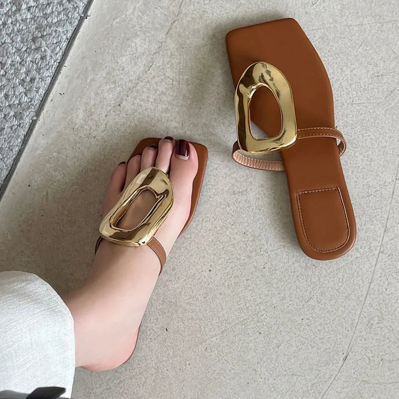 New In 2025 Luxury Women Slippers Summer Beach Fashion Metal Flip Flops Female Slides Slippers Ladies Flats Sandals Shoes
