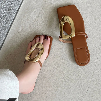 New In 2025 Luxury Women Slippers Summer Beach Fashion Metal Flip Flops Female Slides Slippers Ladies Flats Sandals Shoes