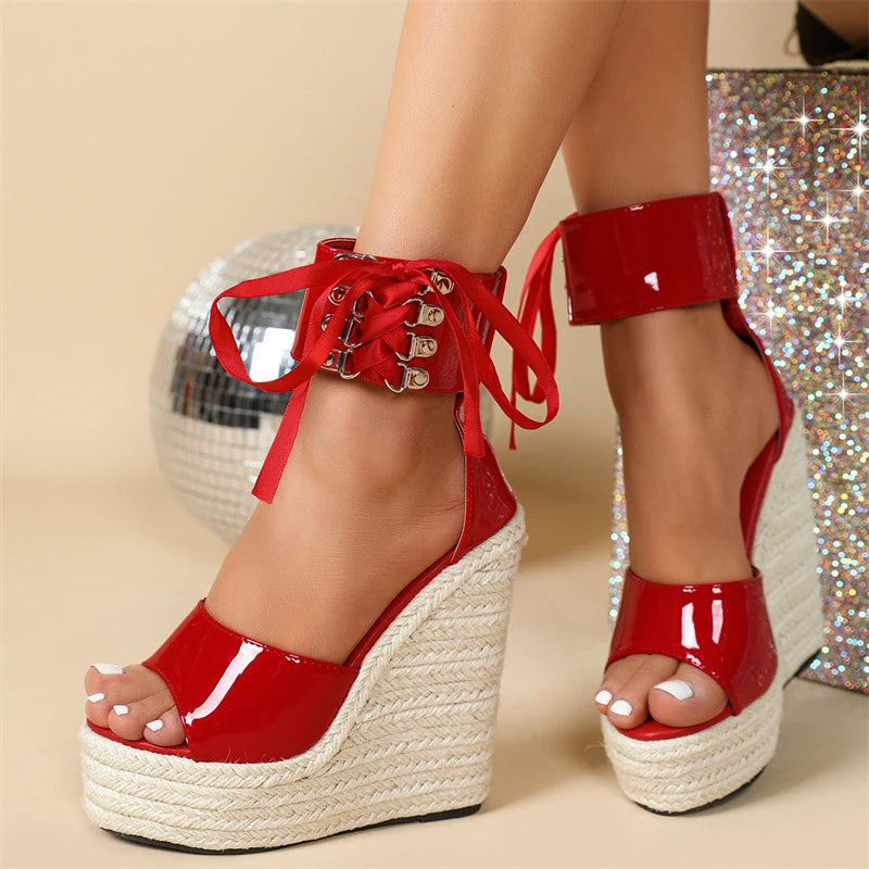 Liyke 2026 Summer Fashion Lace Up Cover Strap Women Wedge Sandals Straw Rope Weave Platform High Heels Open Toe Party Dress Shoe