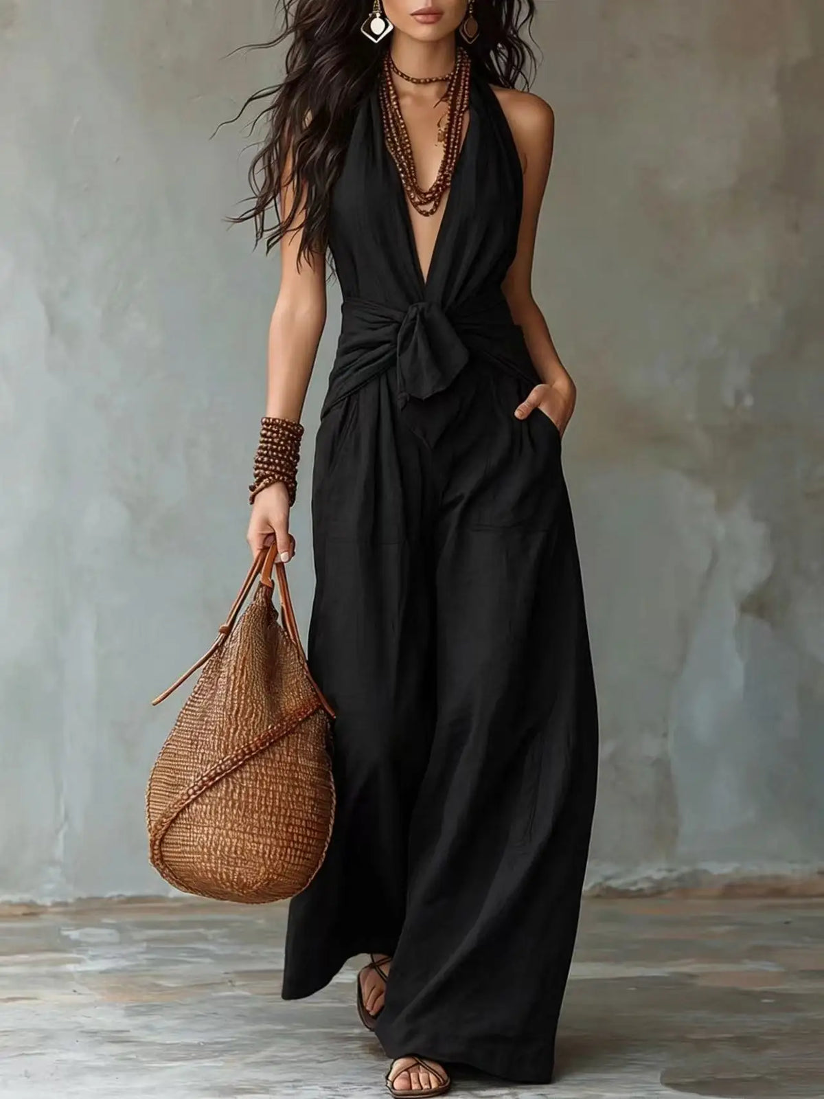 Bohemian Women's Brown Halter Neck Jumpsuit Deep V-Neck Tie Front Knot Wide Leg Pants Sleeveless Casual Summer Beach Jumpsuits