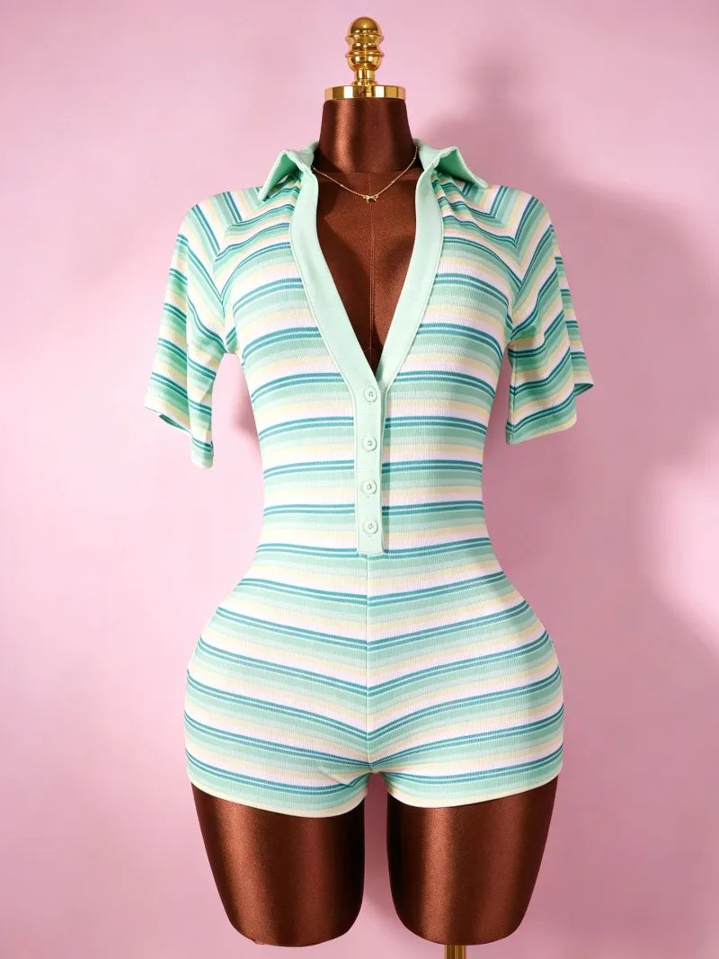 Ribbed Colorful Stripes Skinny Playsuits Women Fashion Casual Buttons V-neck Lapel Collar Short Sleeve Slim Streetwear Rompers