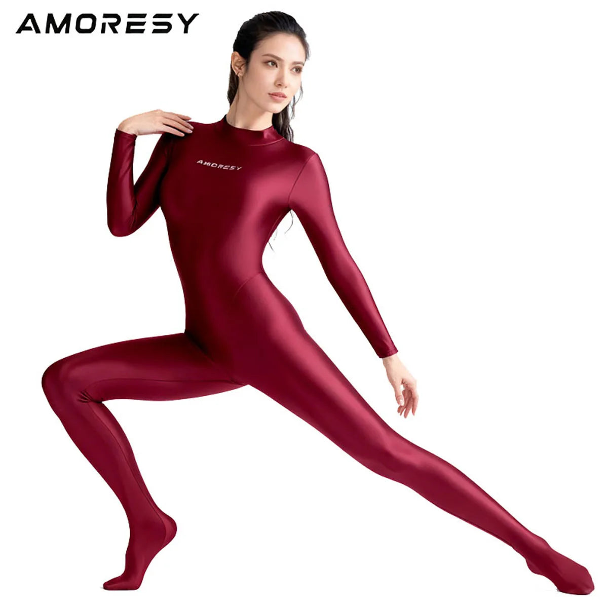 AMORESY Shiny Glitter Diving Surfing Swimwear One-piece Back Zipper Overall Zentai Jumpsuit Sport Gym Bodysuit Catsuit Playsuit