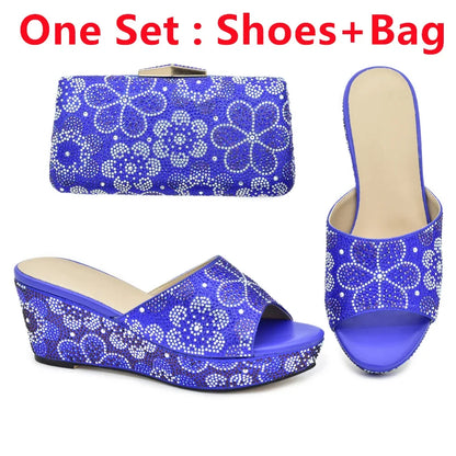 Classics Design Nigerian Women Shoes Matching Bag Set with Shinning Crystal Wedges Shoes for Women Italian Women Party Pumps