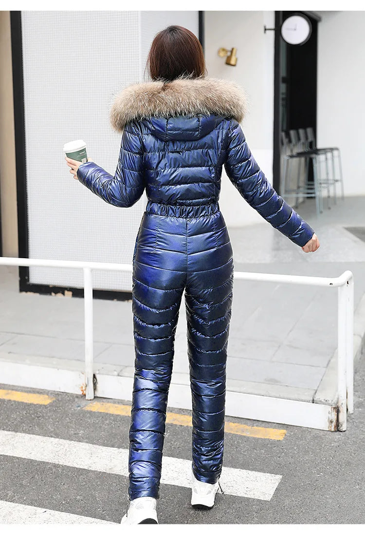 Jumpsuits One Piece Ski Suit Winter Thicken Snow Place Down Cotton Women Suits Warm Hooded Waist Slim Shiny Outdoor Sports
