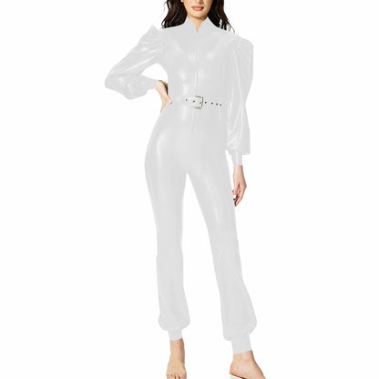 Plus Size Fashionable PVC Patent Leather Jumpsuit for Women Latex-look Clubwear Stand Collar Belt Puff Long Sleeve Slim Rompers
