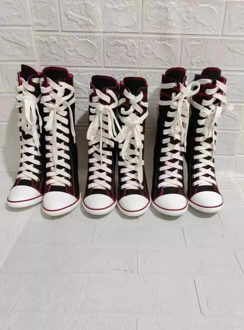 2024 New High-heeled Boots Women Canvas Shoes Denim Rivets Ladies Stilettos Lace-Up Thin Heel Casual Shoes Sexy Zapatos Mujer