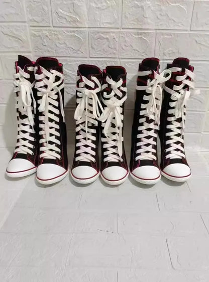 2024 New High-heeled Boots Women Canvas Shoes Denim Rivets Ladies Stilettos Lace-Up Thin Heel Casual Shoes Sexy Zapatos Mujer