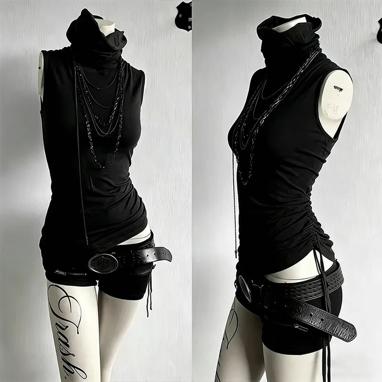 Harajuku style retro high neck sleeveless slim fit design, spicy girl niche versatile vest top can be worn outside
