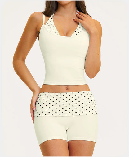 2PCS Stripes Fitness Suit Women's Tracksuits Polka Dot High Waist Workout Capri Pants Sports Set Female Yoga Sports Clothes