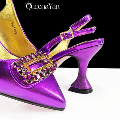 New Arrival Mature Style Purple Color Party Wedding Pointed Toe High Heel Women Shoes and Bag Set Decorated With Rhinestoe