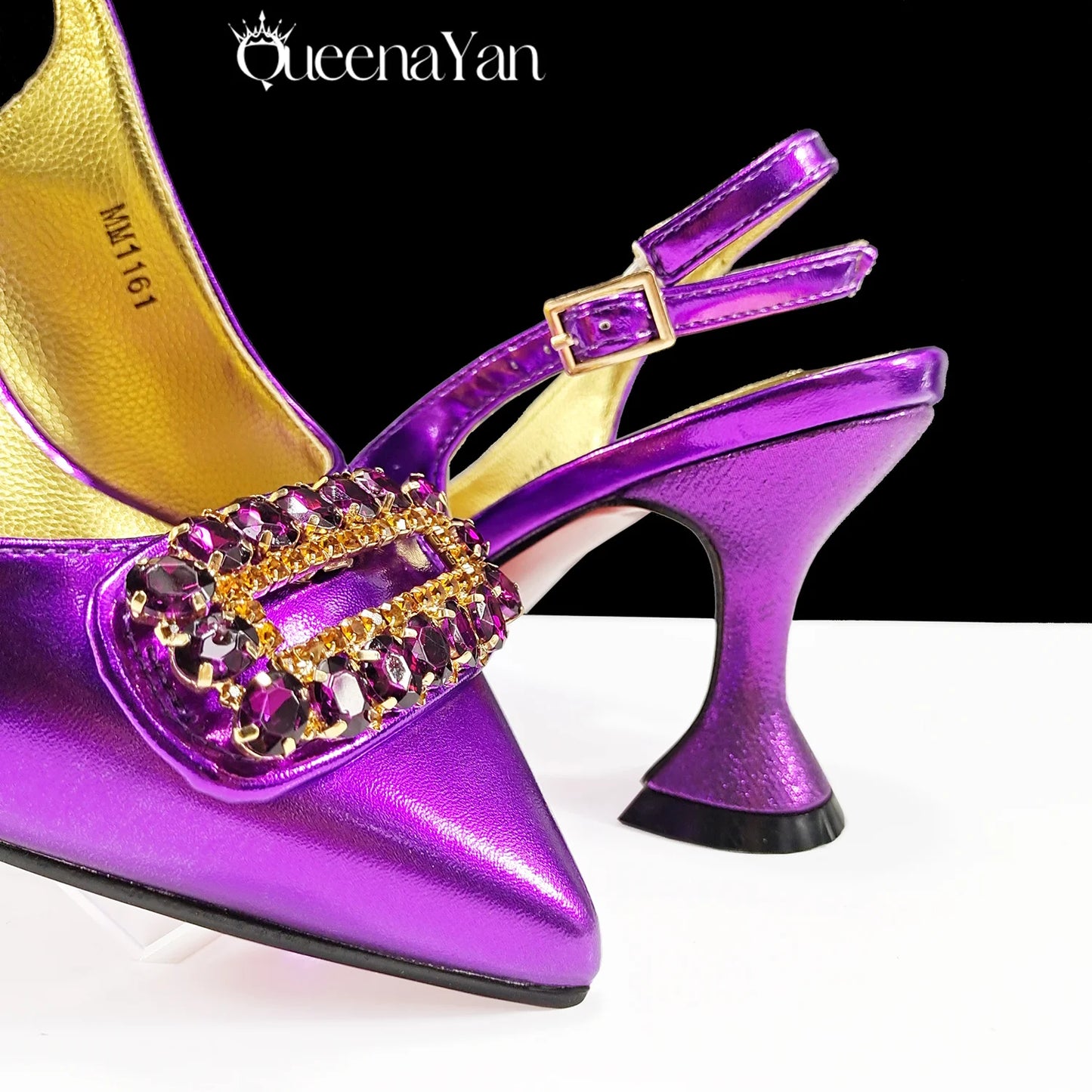 New Arrival Mature Style Purple Color Party Wedding Pointed Toe High Heel Women Shoes and Bag Set Decorated With Rhinestoe