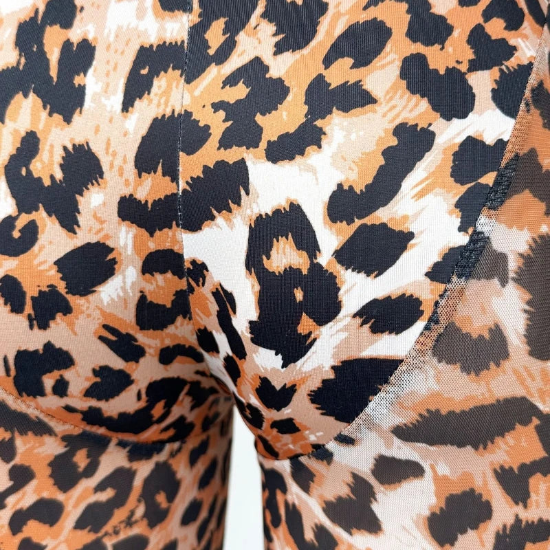 Women Sexy See-through Mesh Leopard Print Long Sleeve Slim-fitting Long Jumpsuit Rompers Summer Casual Streewear