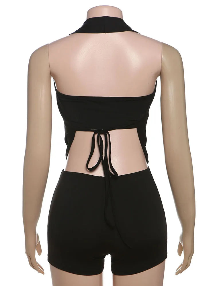 Sisterlinda Swinging Neck Backless Playsuits Sexy Stunning Pleated Backless Slim Rompers+Inside Wrapped Chest Tanks Party Wear