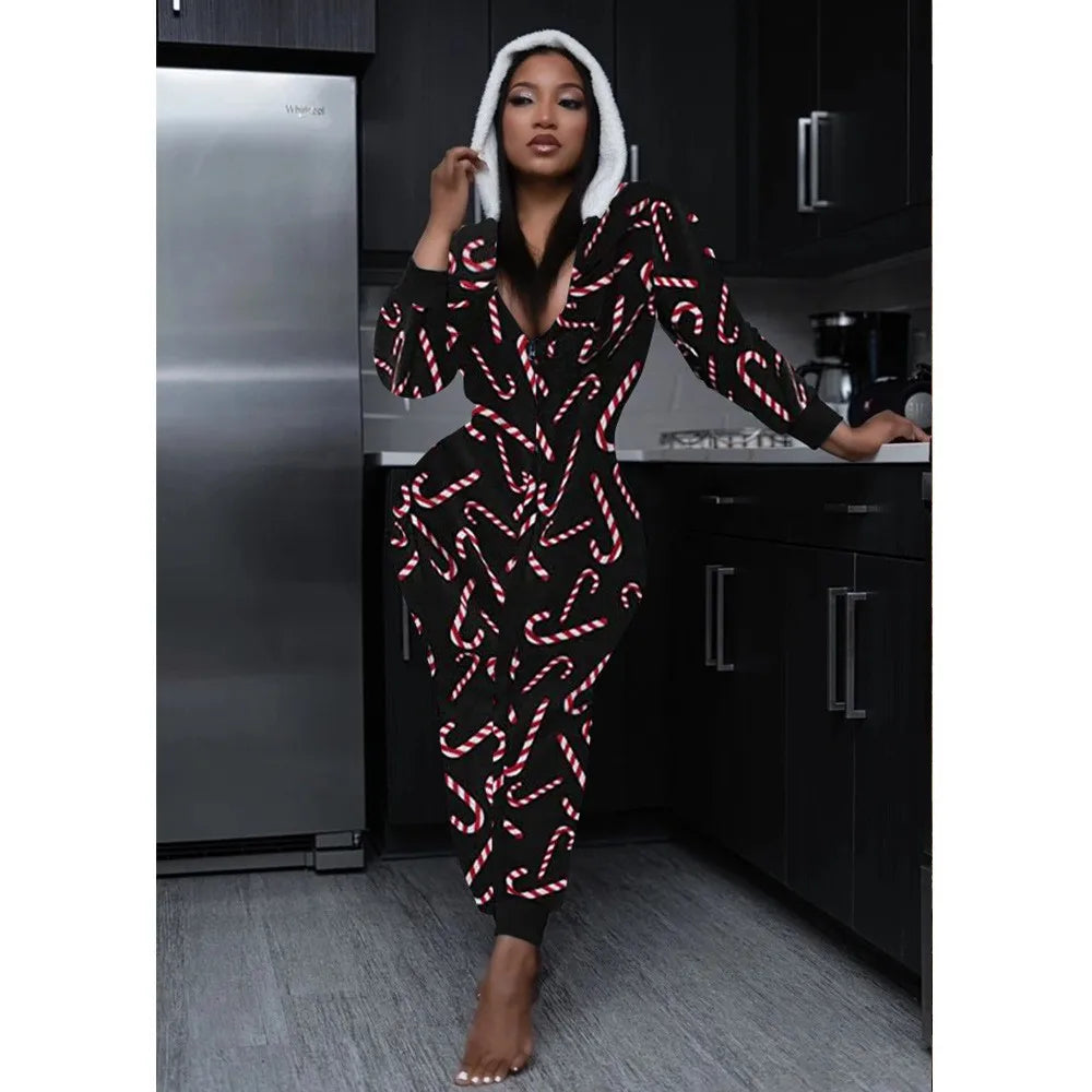 2024 Autumn Fashion Christmas New Women's jumpsuit Loose Elastic Elegant Stripe Fun Zipper Christmas Home Hoodie jumpsuit