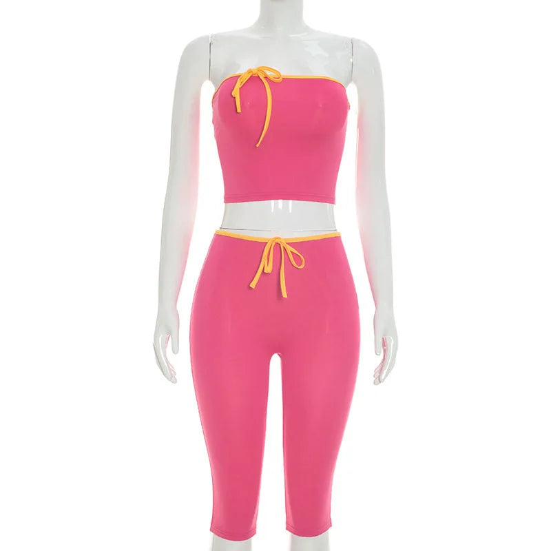 Joskaa Sexy Line Patchwork 2 Piece Set Women Strapless Bow Crop Top and High Waist Capri Pants Matching Tracksuits Streetwear