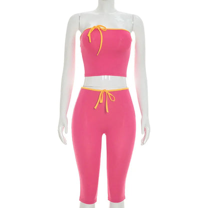 Joskaa Sexy Line Patchwork 2 Piece Set Women Strapless Bow Crop Top and High Waist Capri Pants Matching Tracksuits Streetwear