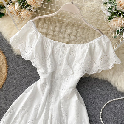 Sexy Slash Neck Women Jumpsuits 2026 New Sweet Ruffles Hollow Solid Rompers Summer Fashion Wide Leg Short Rompers