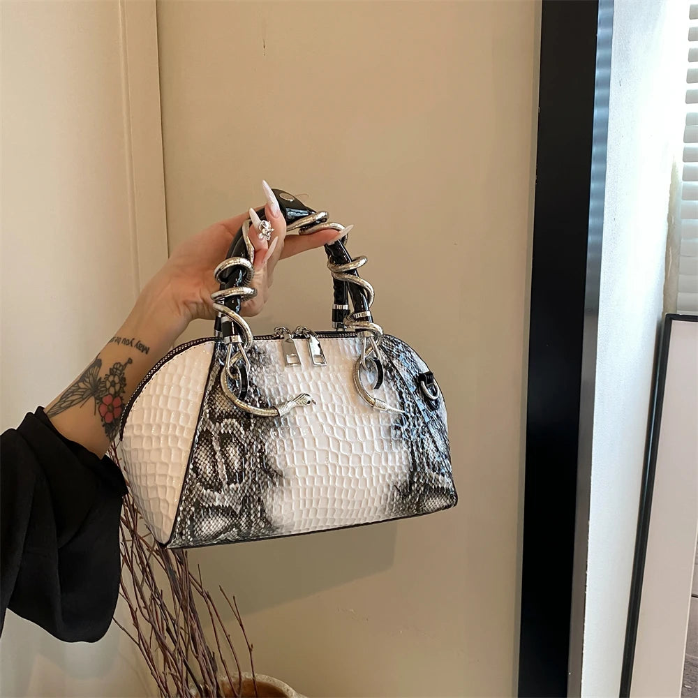 Crocodile Pattern Top-handle Shell Bag With Snake Hardware Wild Shoulder Crossbody Handbags MOODS Designer Luxury Bags For Women