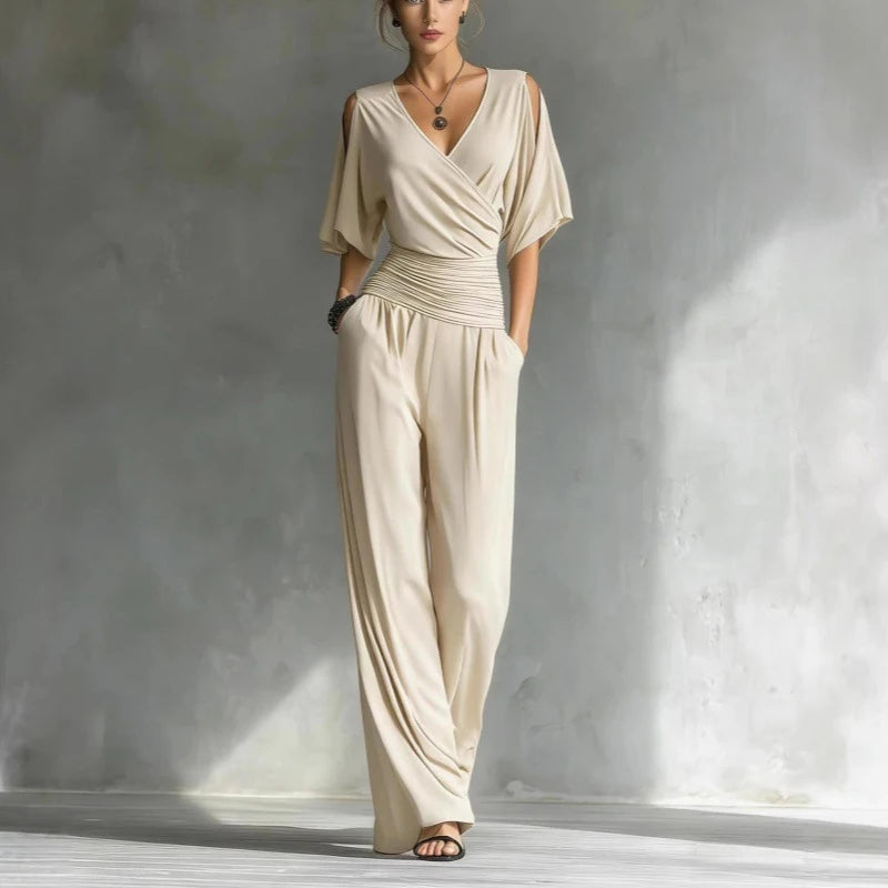 Summer Women's High Waist Party Rompers Elegant Simple Half Sleeve Playsuits Overalls Solid Color V-neck Loose Pocket Jumpsuits