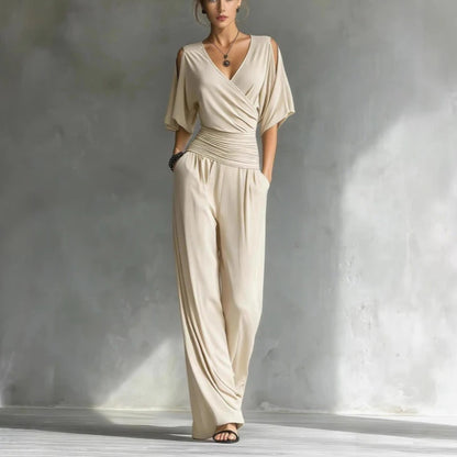 Summer Women's High Waist Party Rompers Elegant Simple Half Sleeve Playsuits Overalls Solid Color V-neck Loose Pocket Jumpsuits