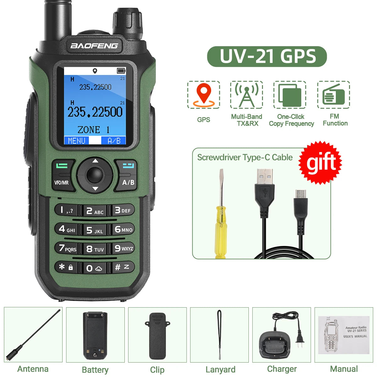 Baofeng UV-21 PRO Walkie Talkie GPS Portable Long Range Mutli-Band Wireless Copy Frequency Type-C Charger Radio Upgrade UV17 PRO