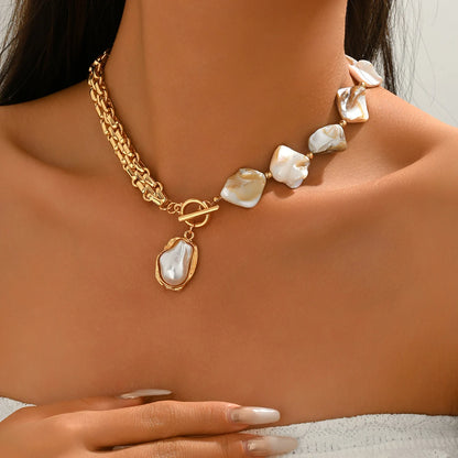 Boho Baroque Pearl Choker Necklace Asymmetric Cuban Link Chain Toggle Clasp Statement Summer Beach Jewelry Gift