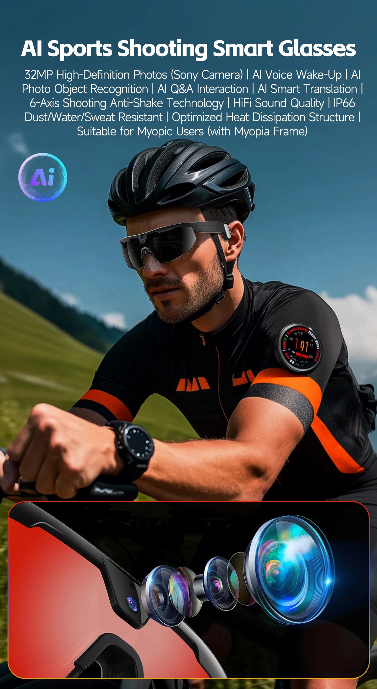 LIGE New Smart Glasses 800W Pixels Camera  1080P Video Waterproof Outdoor Cycling UV protection Bluetooth Call Smart Sunglasses