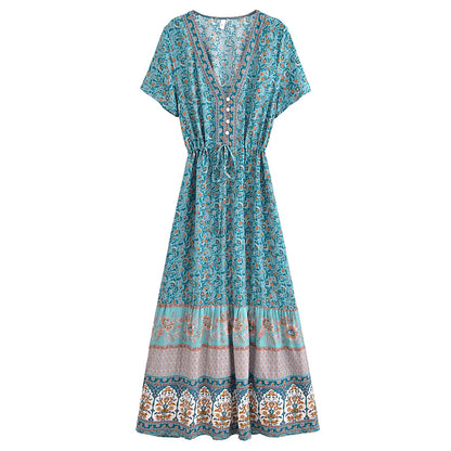 Boho Queens  Vintage Floral Print Sashes Beach Robe Bohemian Maxi Sundress Robe Ladies Cross V Neck Happie Dress Vestidos