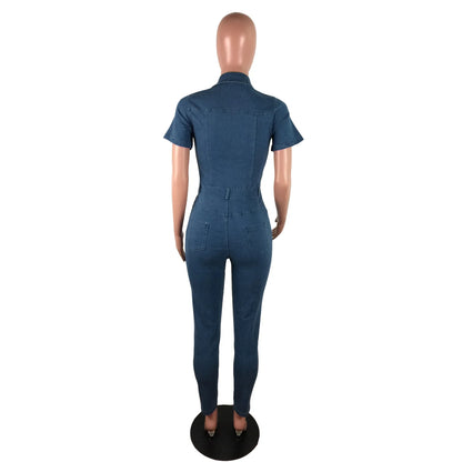 Women's Spring New Sexy Fashion Slim-fit Denim Rompers Short Sleeve Lapel Single Breasted Denim Rompers Pencil Pants Jumpsuit