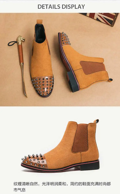 New Brown Men Chelsea Boots Flock Rivet Square Toe Red Sole Punk Handmade Men Short Boots  Bottes Pour Hommes