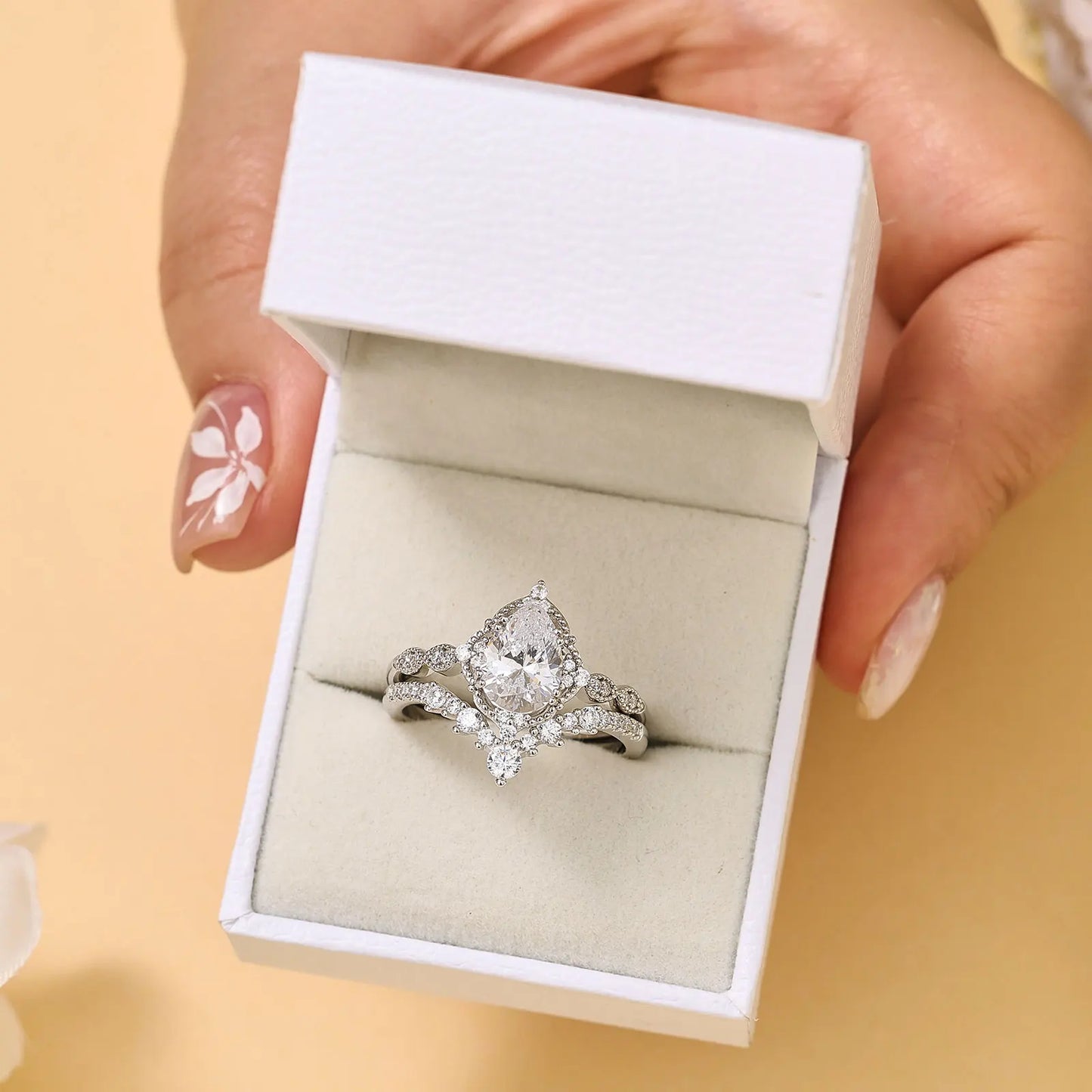 Newshe Moissanite Wedding Rings for Women 925 Sterling Silver Engagement Ring Bridal Set Pear Teardrop Shaped Wish Band