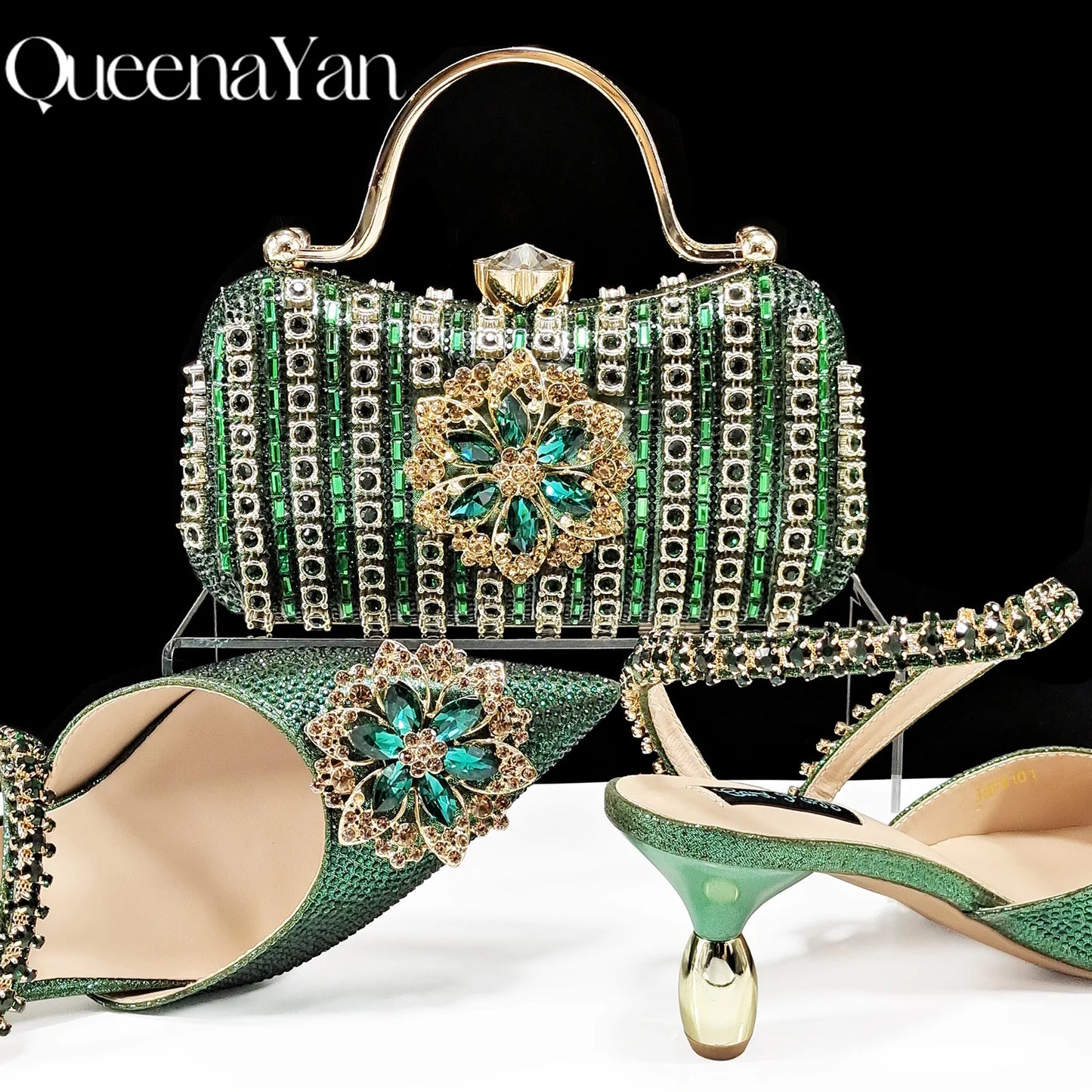 Elegant Rhinestone-Embellished Heels And Gold Mini Bag Set for Night Outfits Women's Fashion Accessory Combo